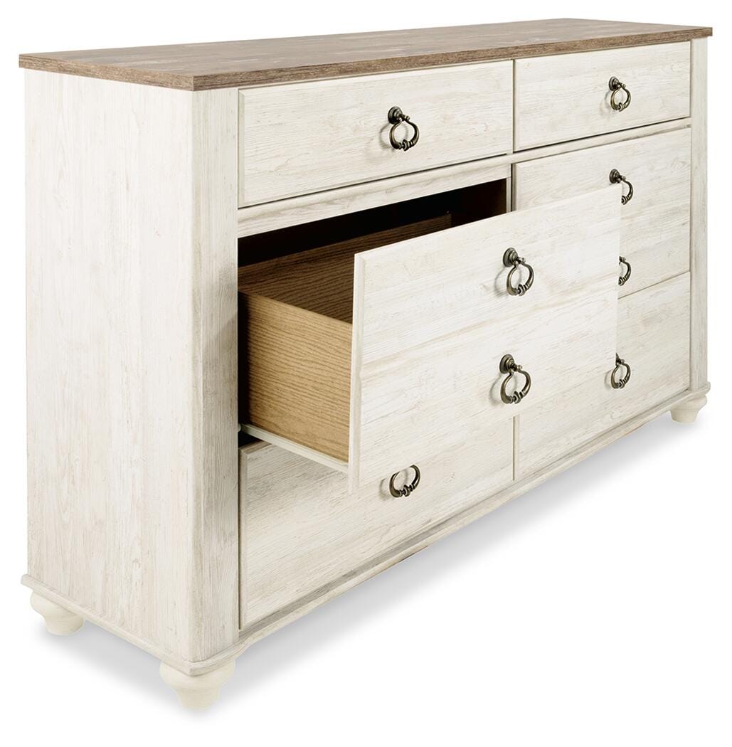 Willowton Whitewash Queen Bed, Dresser, Mirror and Chest
