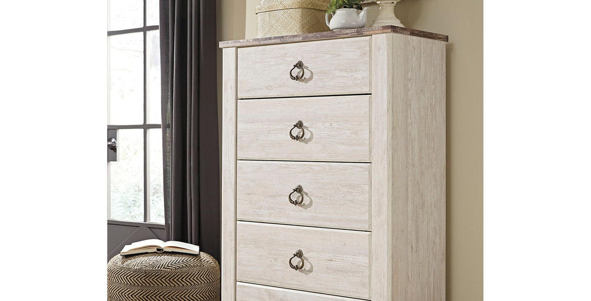 Willowton Whitewash Queen Sleigh Bed, 2 Dressers, Mirror, Chest and 2 Nightstands from Ashley Furniture - Luna Furniture