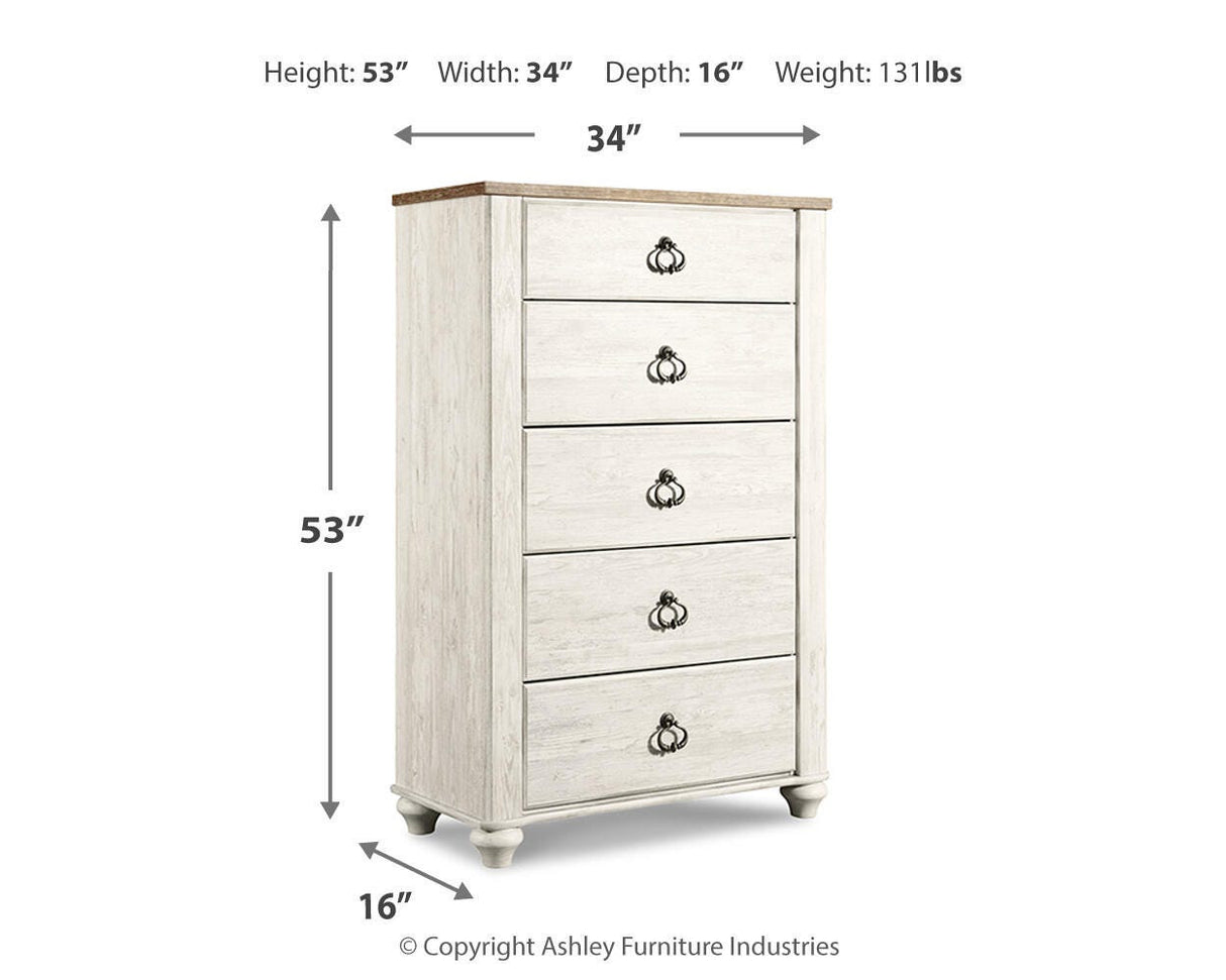 Willowton Whitewash Queen Sleigh Bed, Chest and Nightstand