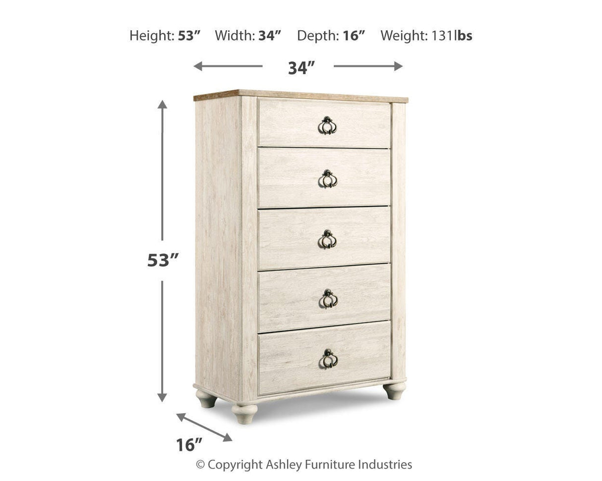 Willowton Whitewash Queen Panel Bed with Mirrored Dresser, Chest and 2 Nightstands from Ashley Furniture - Luna Furniture