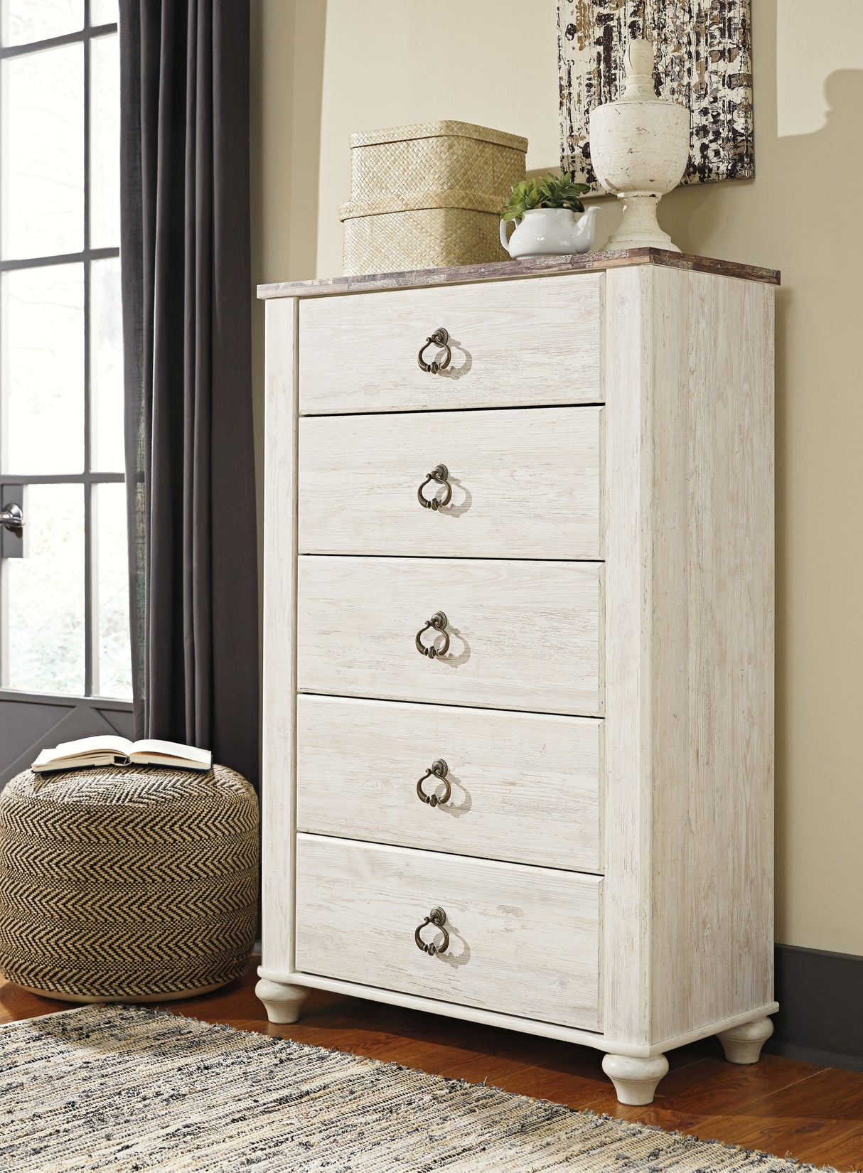 Willowton Whitewash King Sleigh Bed, Dresser,Chest and Nightstand from Ashley - Luna Furniture