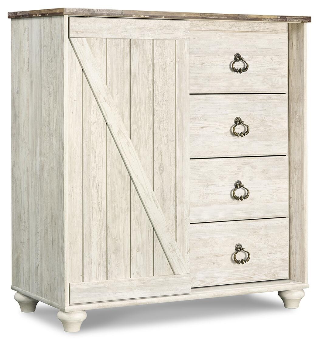 Willowton Whitewash King Panel Bed, Dresser, Mirror, Chest and Nightstand from Ashley - Luna Furniture