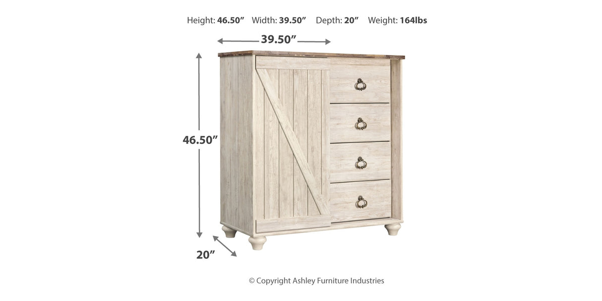 Willowton Whitewash King Panel Bed, Dresser, Mirror, Chest and Nightstand from Ashley - Luna Furniture