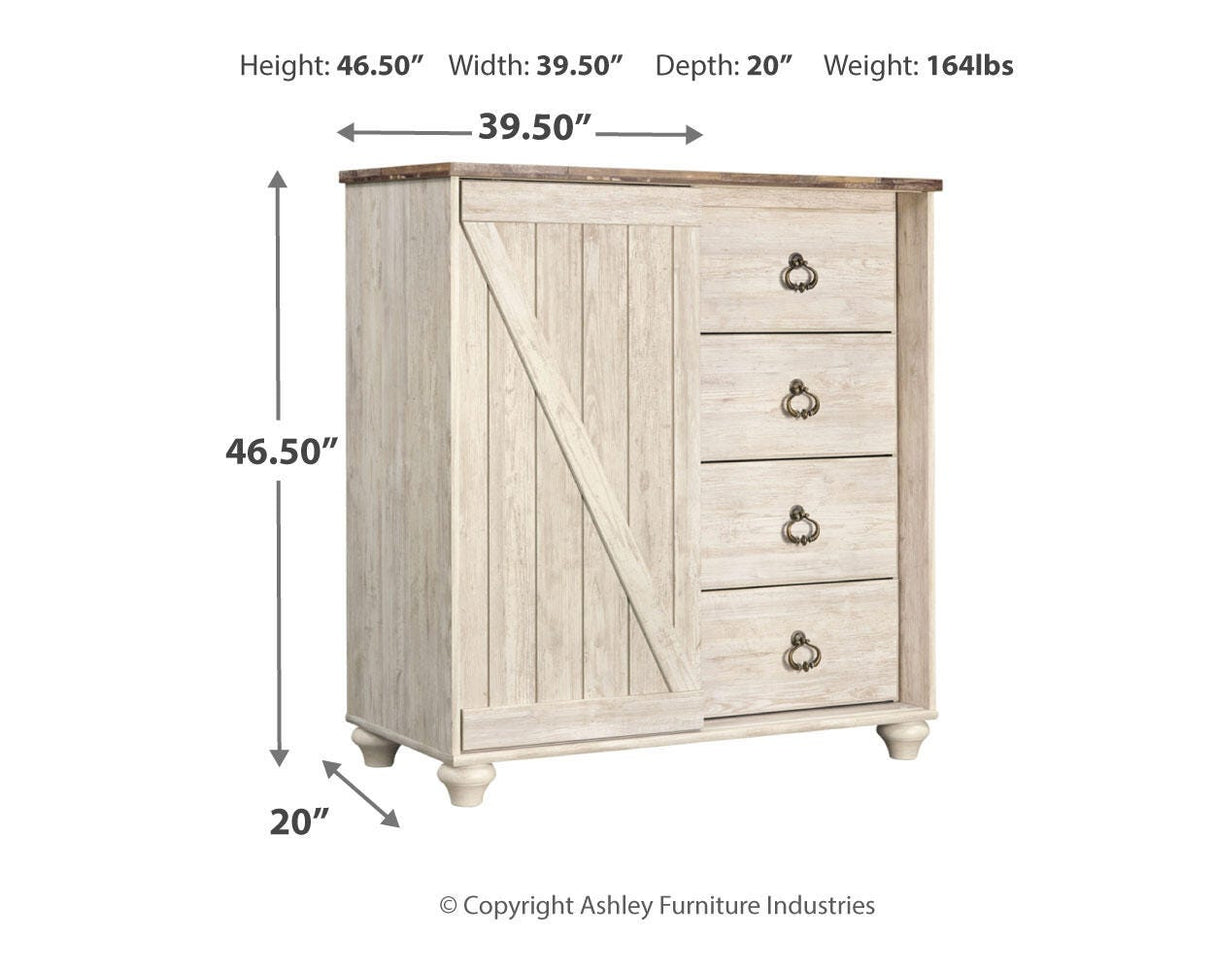 Willowton Whitewash King Panel Bed, Dresser, Mirror, Chest and Nightstand from Ashley - Luna Furniture