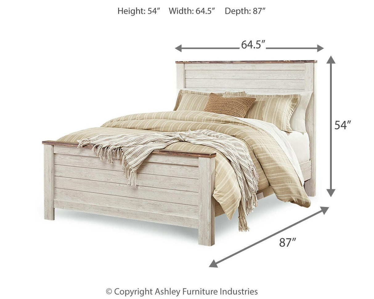 Willowton Queen Panel Bed with Mirrored Dresser, Chest and 2 Nightstands in Whitewash