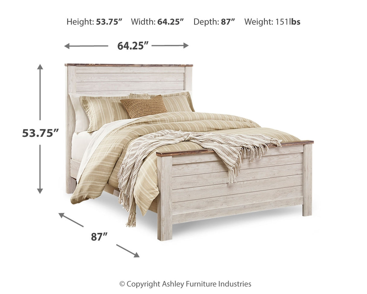 Willowton Queen Panel Bed with Mirrored Dresser and 2 Nightstands in Whitewash from Ashley Furniture - Luna Furniture