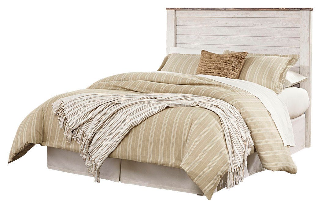 Willowton Queen/Full Panel Headboard Bed with Mirrored Dresser, Chest and Nightstand in Whitewash from Ashley - Luna Furniture