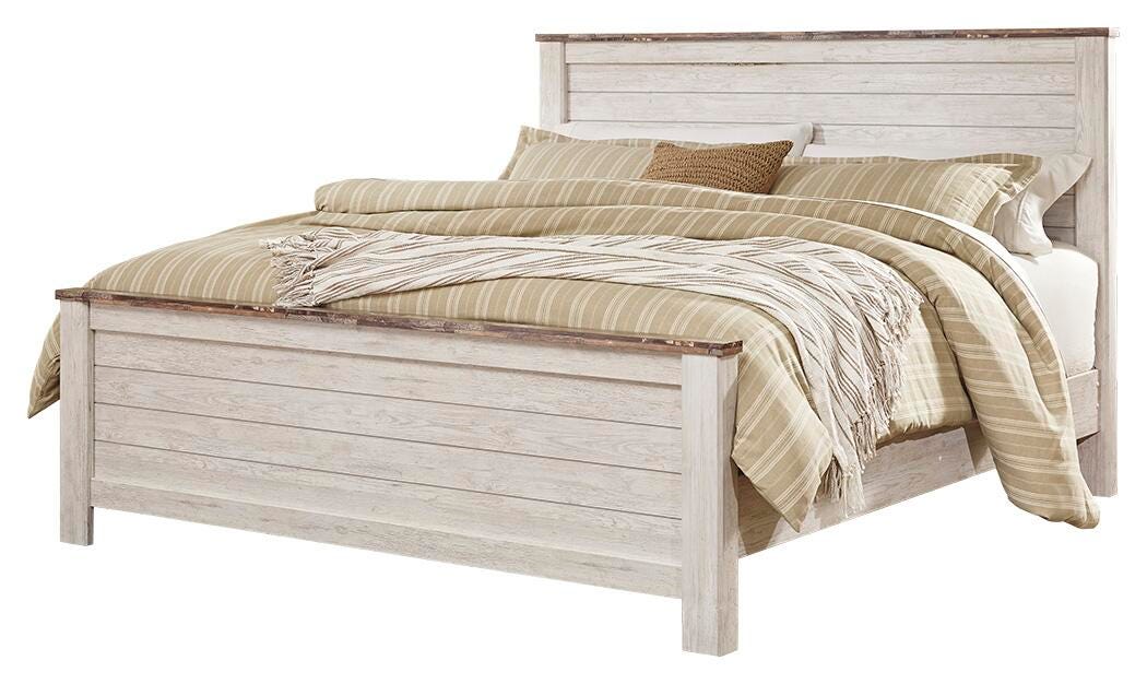 Willowton King Panel Bed with Mirrored Dresser, Chest and 2 Nightstands in Whitewash from Ashley Furniture - Luna Furniture