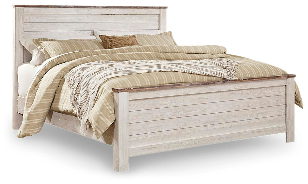 Willowton King Panel Bed with Mirrored Dresser, Chest and 2 Nightstands in Whitewash from Ashley Furniture - Luna Furniture