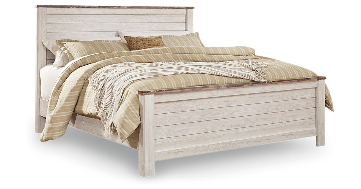 Willowton Whitewash King Panel Bed, Dresser, Mirror, Chest and Nightstand from Ashley - Luna Furniture