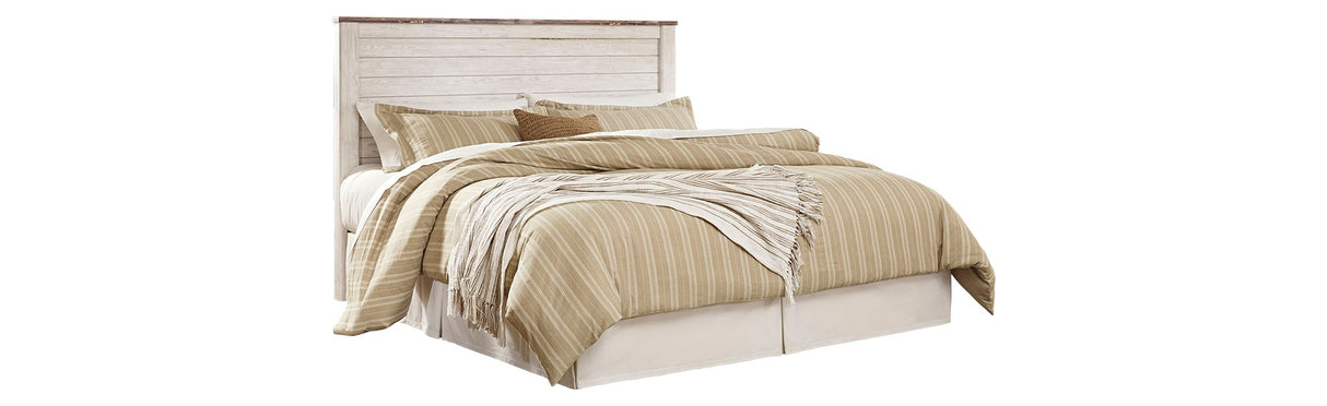Willowton King/California King Panel Headboard Bed with Mirrored Dresser, Chest and 2 Nightstands in Whitewash from Ashley - Luna Furniture