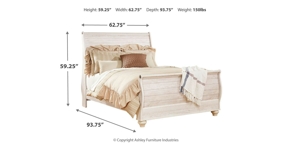 Willowton Queen Sleigh Bed with Mirrored Dresser, Chest and 2 Nightstands in Whitewash from Ashley Furniture - Luna Furniture