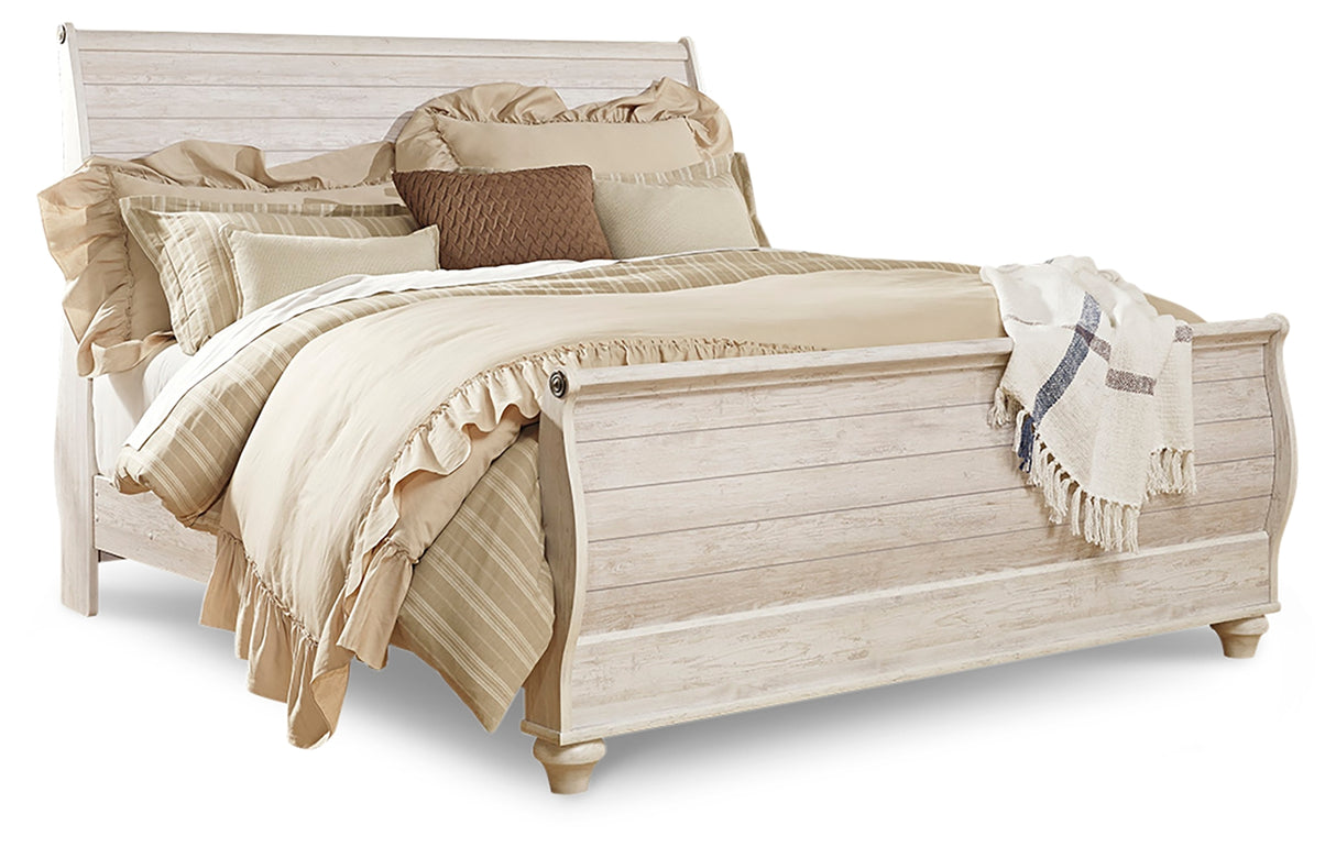Willowton Whitewash King Sleigh Bed, Dresser, Mirror and Nightstand from Ashley Furniture - Luna Furniture