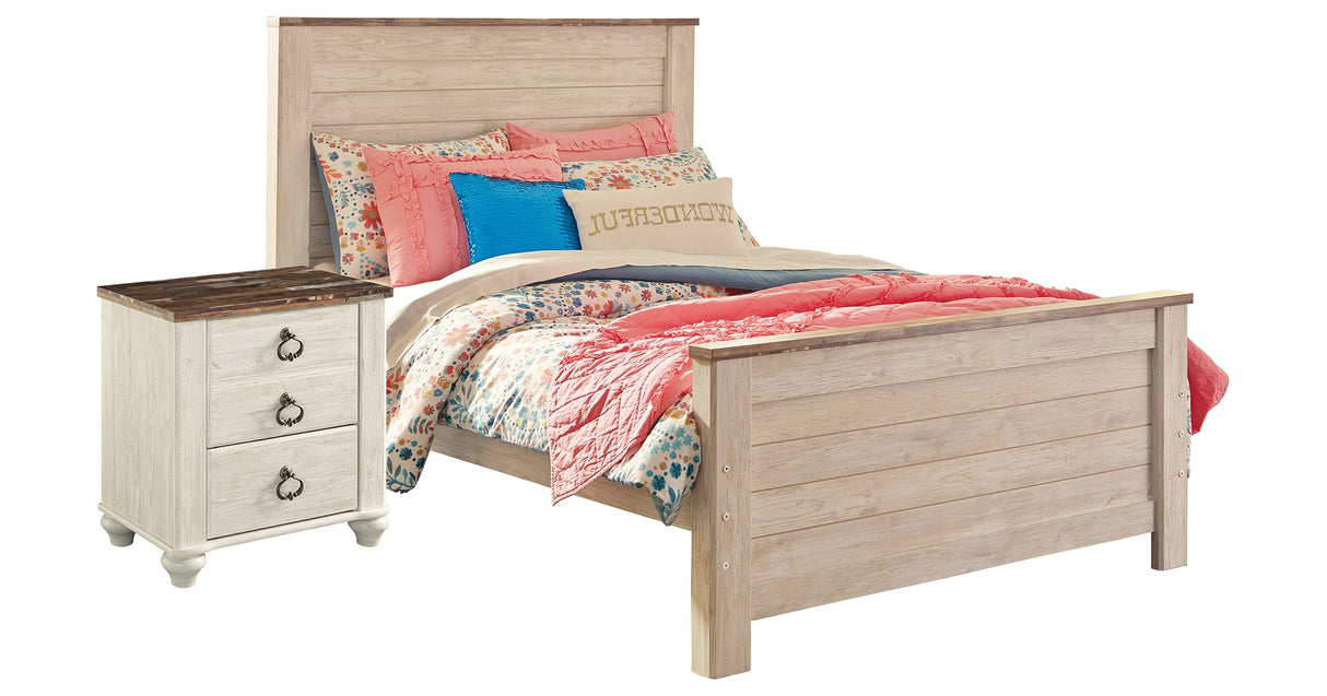 Willowton Full Panel Bed with Nightstand in Whitewash from Ashley - Luna Furniture