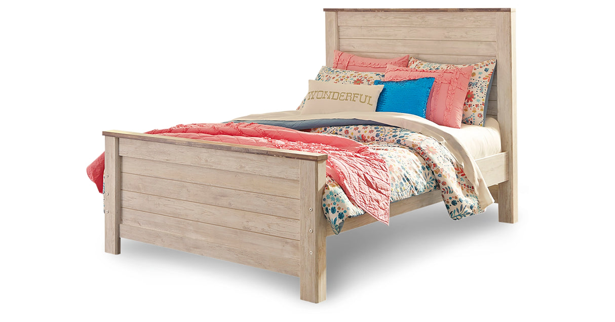 Willowton Whitewash Full Panel Bed, Dresser, Mirror, 2 Chests and nightstand from Ashley Furniture - Luna Furniture