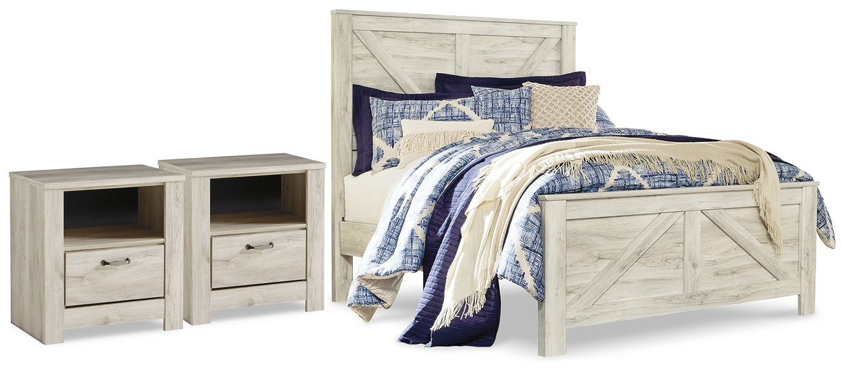 Bellaby Queen Crossbuck Panel Bed with 2 Nightstands in Whitewash from Ashley Furniture - Luna Furniture