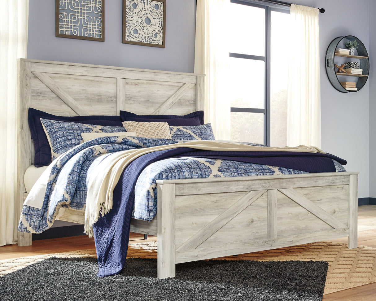 Bellaby Whitewash King Crossbuck Panel Bed, Dresser, Mirror, and Nightstand from Ashley Furniture - Luna Furniture