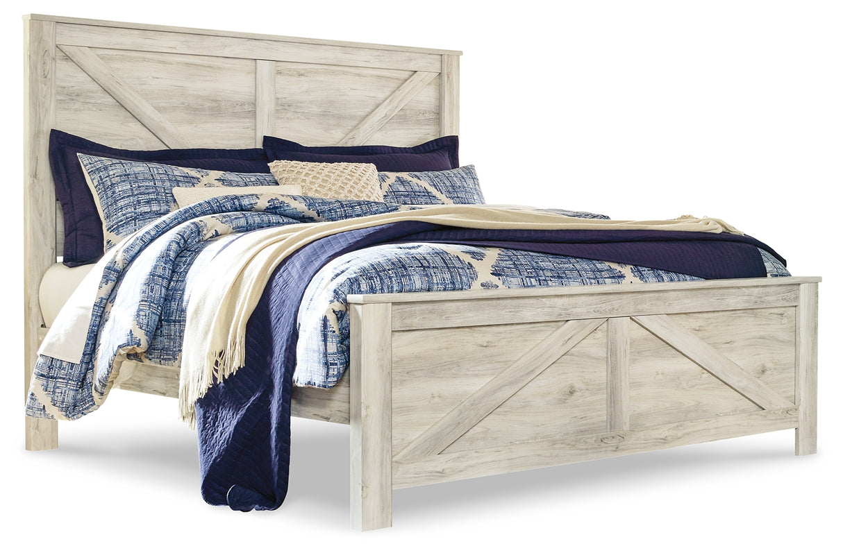 Bellaby Whitewash King Crossbuck Panel Bed, Dresser, Mirror, and Nightstand from Ashley Furniture - Luna Furniture