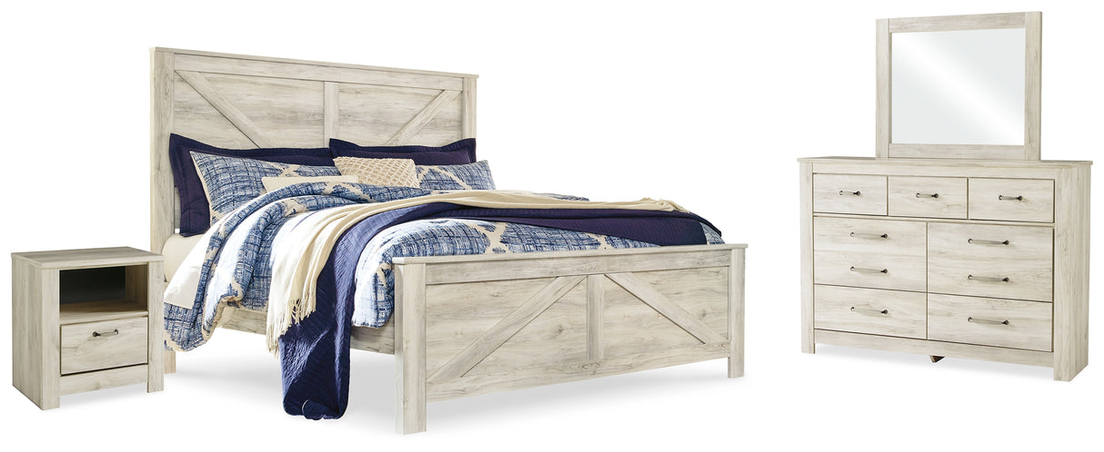 Bellaby Whitewash King Crossbuck Panel Bed, Dresser, Mirror, and Nightstand from Ashley Furniture - Luna Furniture