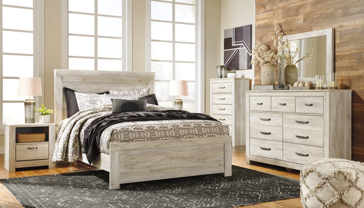 Bellaby Whitewash Queen Panel Bed, Dresser, Mirror, and Nightstand from Ashley Furniture - Luna Furniture