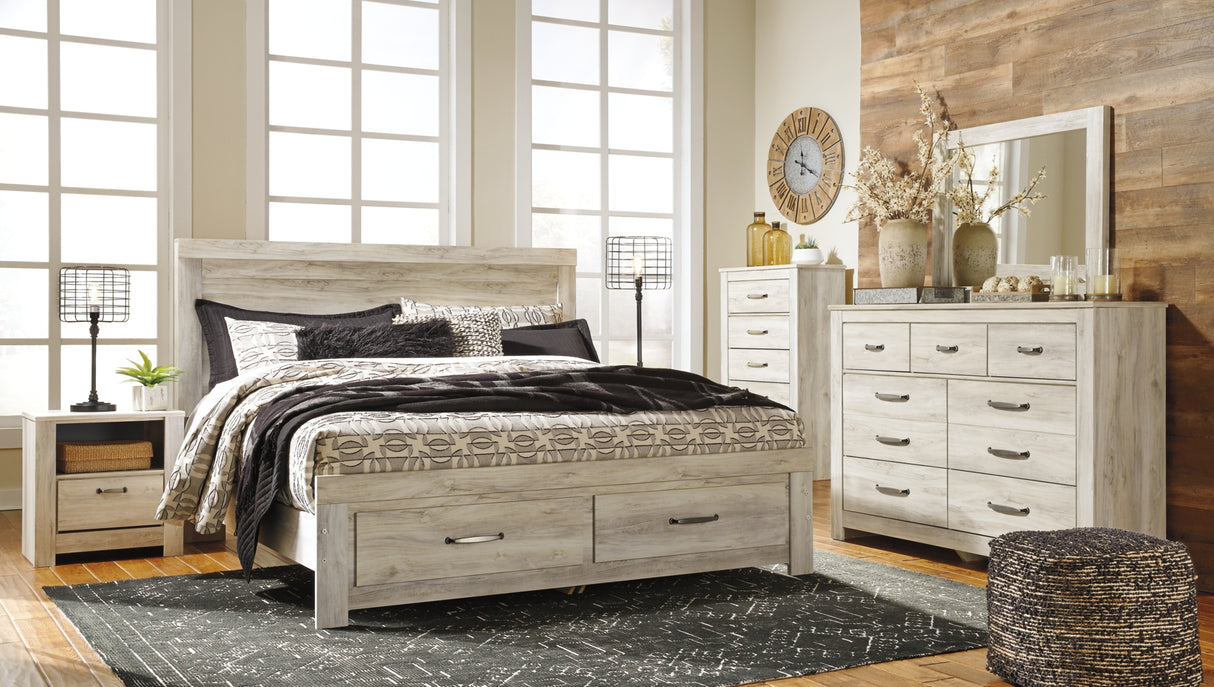 Bellaby Whitewash King Storage Bed, Dresser, Mirror, Chest and 2 Nightstands from Ashley Furniture - Luna Furniture