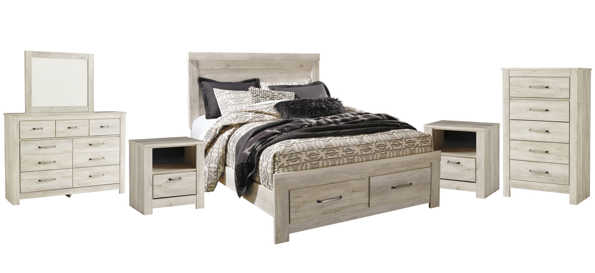 Bellaby Queen Platform Bed with 2 Storage Drawers with Mirrored Dresser, Chest and 2 Nightstands in Whitewash from Ashley Furniture - Luna Furniture