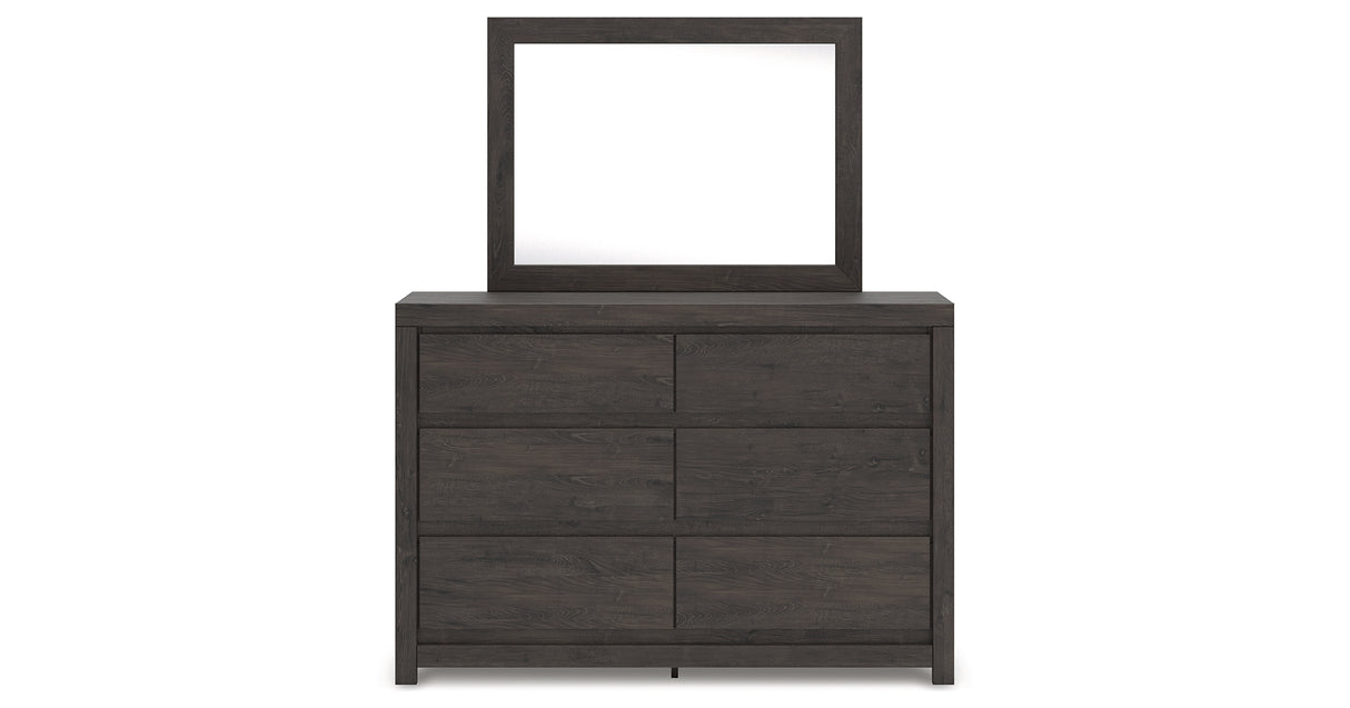 Fraluna King Panel Bed with Mirrored Dresser, Chest and 2 Nightstands in Charcoal from Ashley Furniture - Luna Furniture