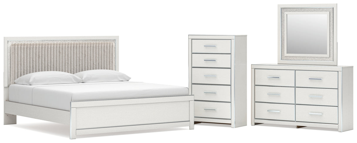 Zuraleus White King Upholstered Panel Bed with Mirrored Dresser and Chest from Ashley - Luna Furniture