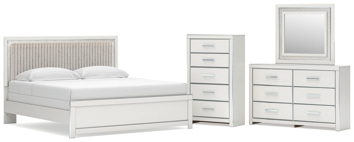 Zuraleus White King Upholstered Panel Bed with Mirrored Dresser and Chest from Ashley Furniture - Luna Furniture