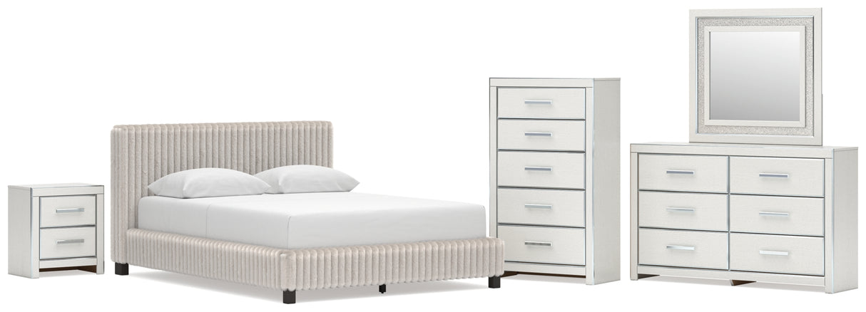 Zuraleus White Queen Upholstered Bed with Mirrored Dresser, Chest and Nightstand from Ashley Furniture - Luna Furniture