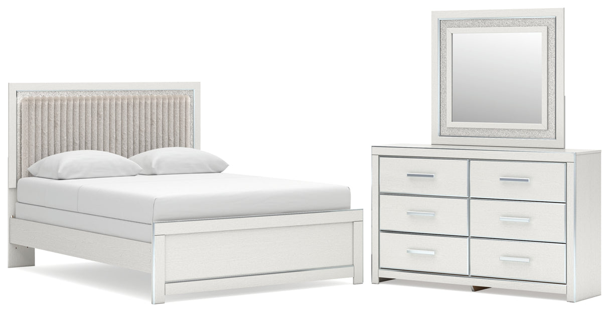Zuraleus White Queen Upholstered Panel Bed with Mirrored Dresser from Ashley Furniture - Luna Furniture