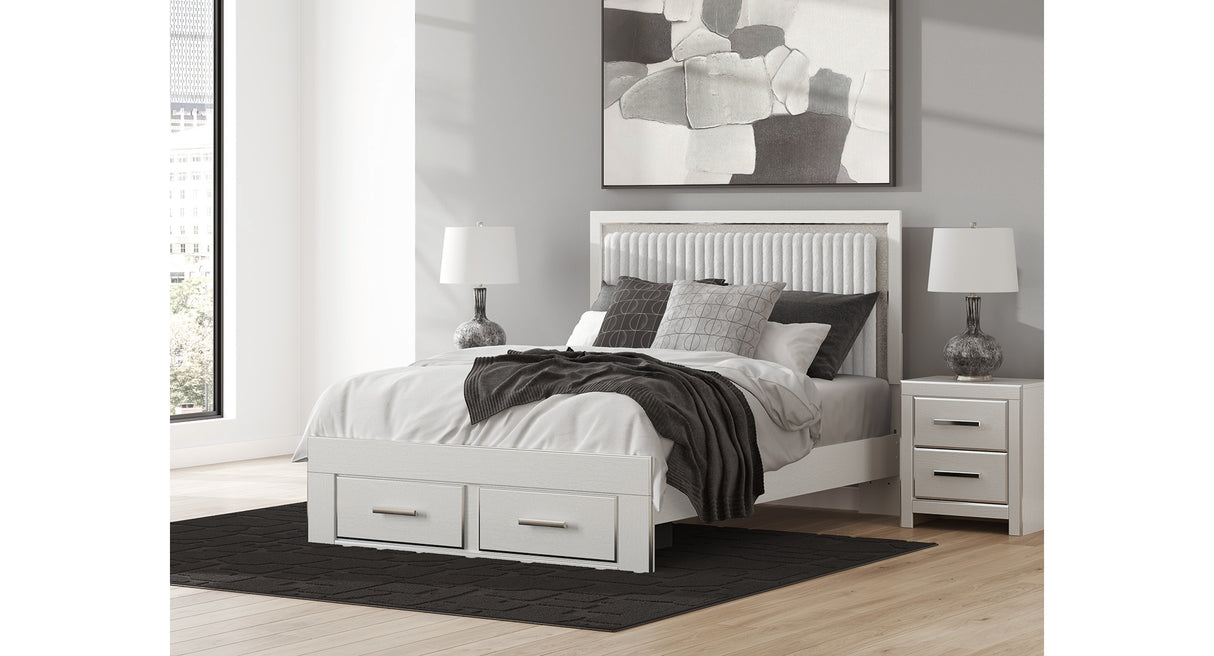 Zuraleus White Queen Upholstered Panel Storage Bed with Mirrored Dresser and Nightstand from Ashley - Luna Furniture