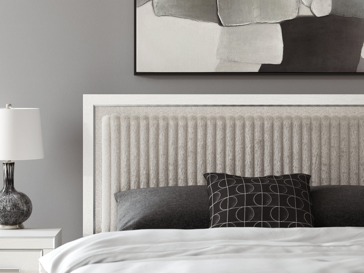 Zuraleus White King Upholstered Panel Storage Bed with Mirrored Dresser from Ashley - Luna Furniture