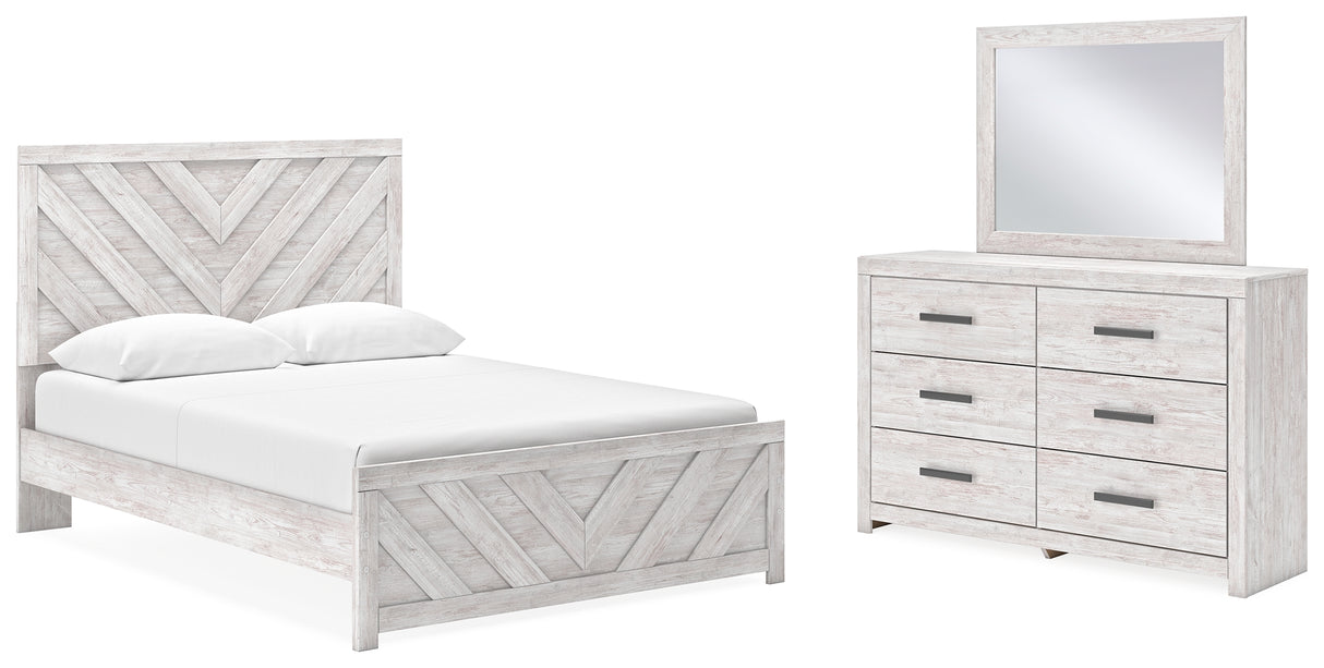 Cayboni Queen Panel Bed with Mirrored Dresser in Whitewash from Ashley Furniture - Luna Furniture
