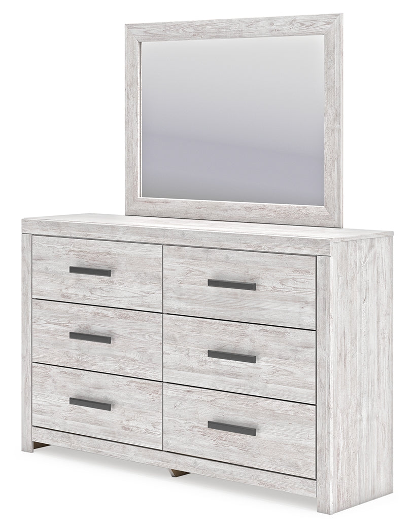 Cayboni Queen Panel Bed with Mirrored Dresser in Whitewash from Ashley Furniture - Luna Furniture