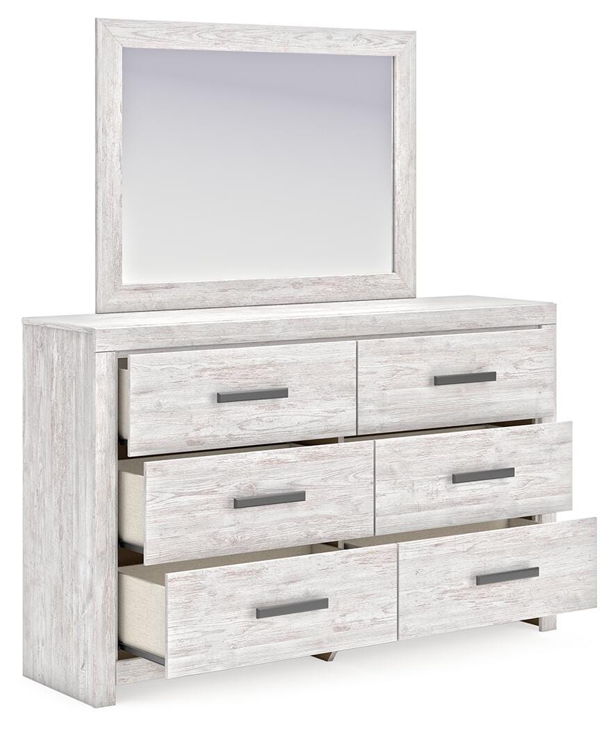 Cayboni Queen Panel Bed with Mirrored Dresser in Whitewash from Ashley Furniture - Luna Furniture