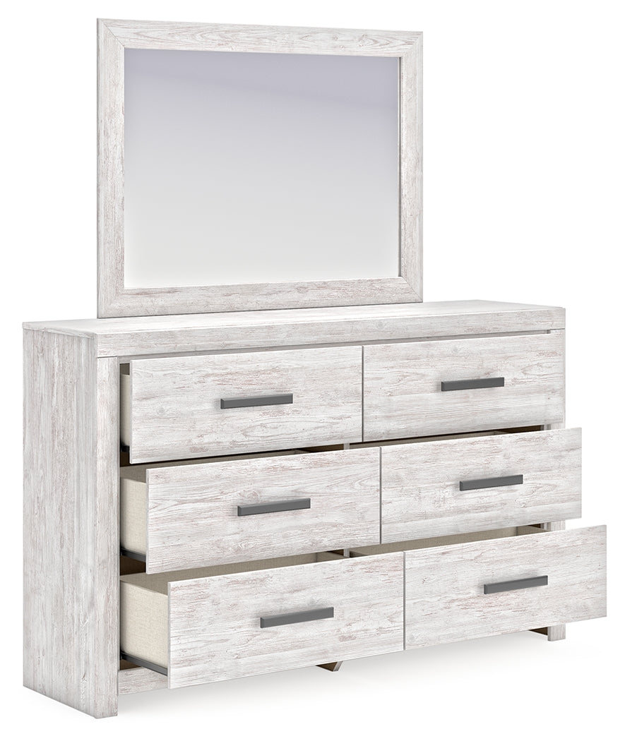 Cayboni Queen Panel Bed with Mirrored Dresser in Whitewash from Ashley Furniture - Luna Furniture