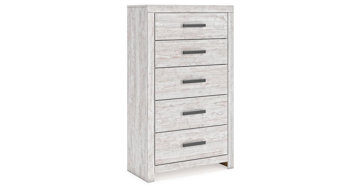 Cayboni Full Panel Bed with Mirrored Dresser, Chest and 2 Nightstands in Whitewash from Ashley Furniture - Luna Furniture