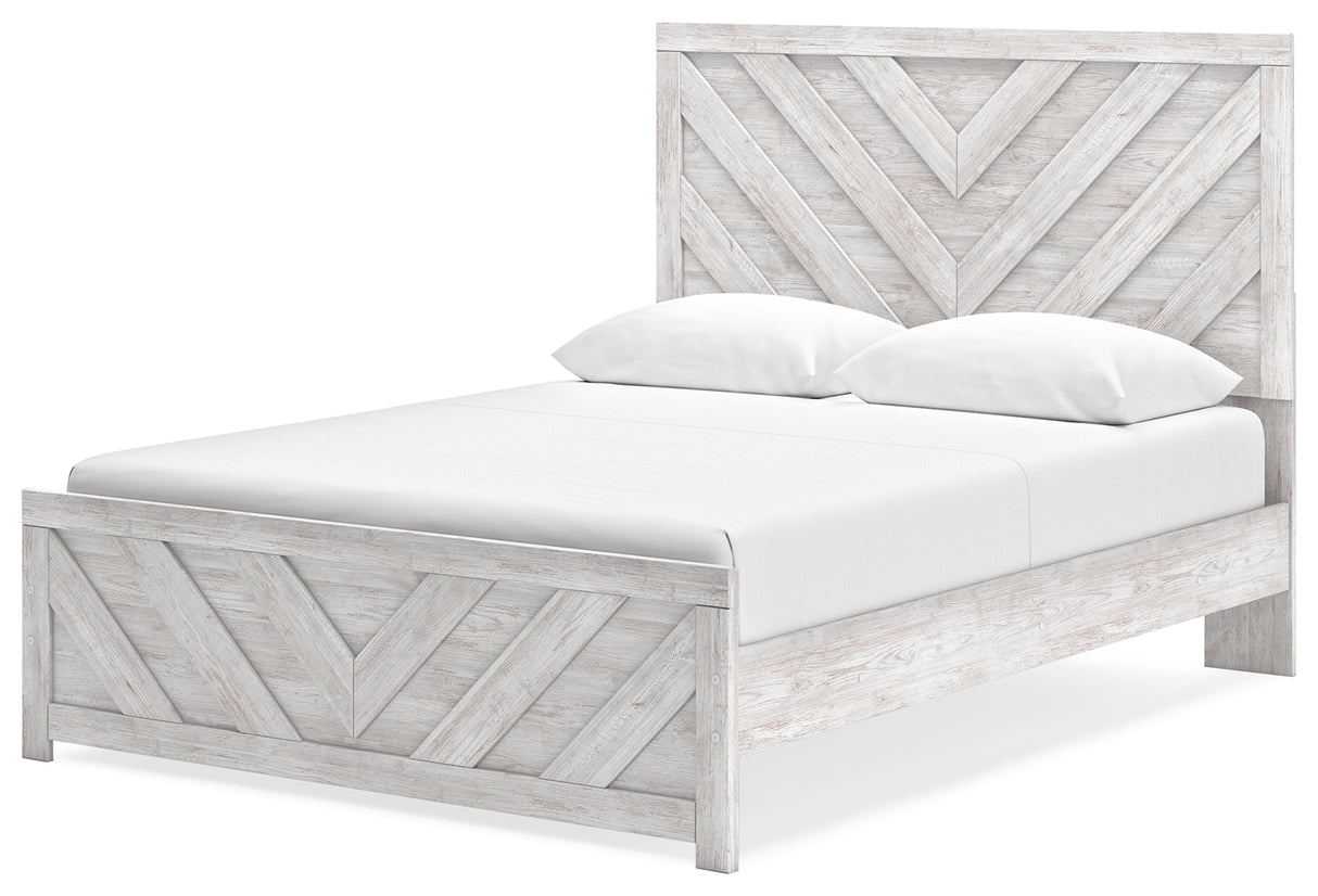 Cayboni Queen Panel Bed with Mirrored Dresser in Whitewash from Ashley Furniture - Luna Furniture