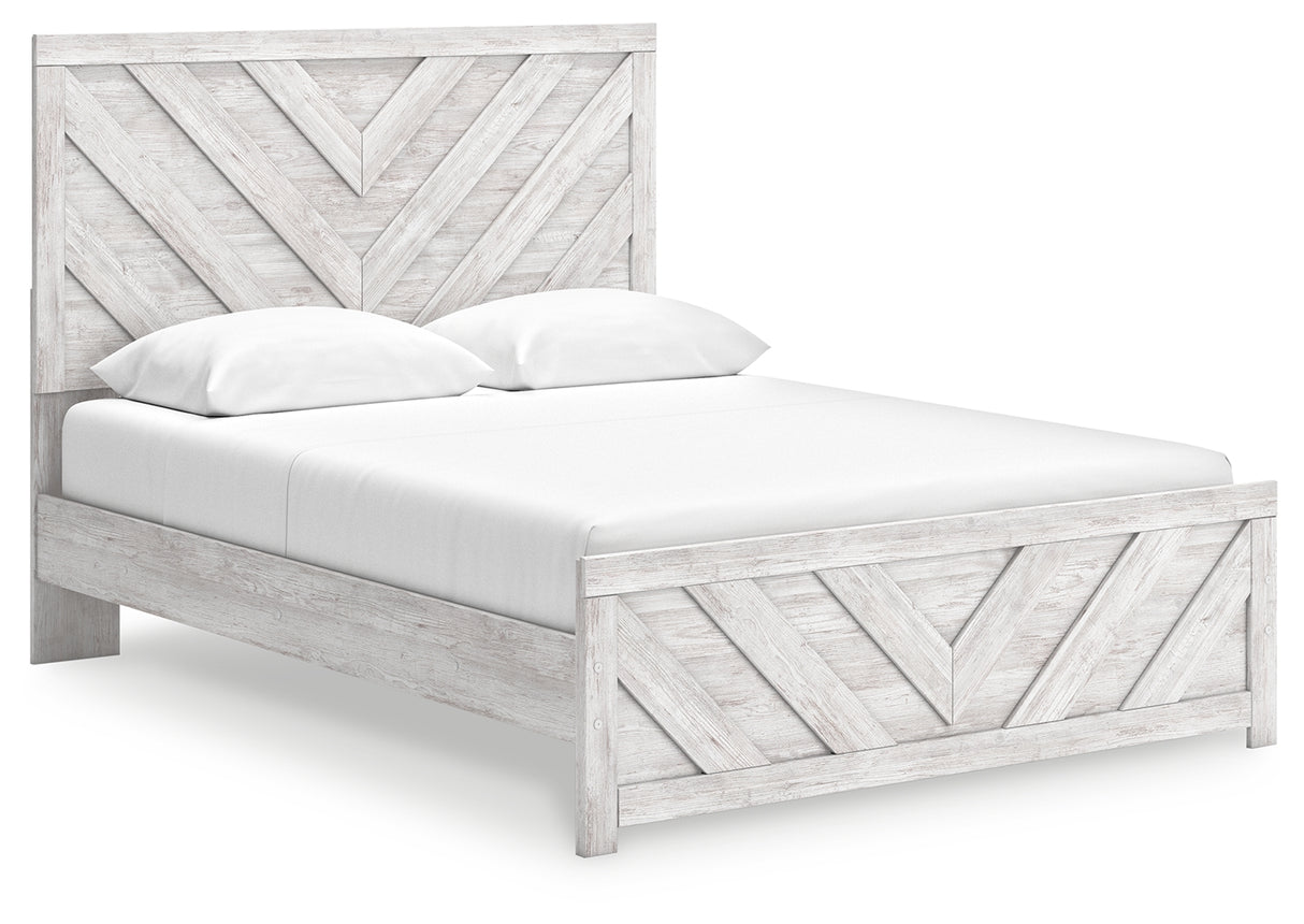 Cayboni Queen Panel Bed with Mirrored Dresser in Whitewash from Ashley Furniture - Luna Furniture