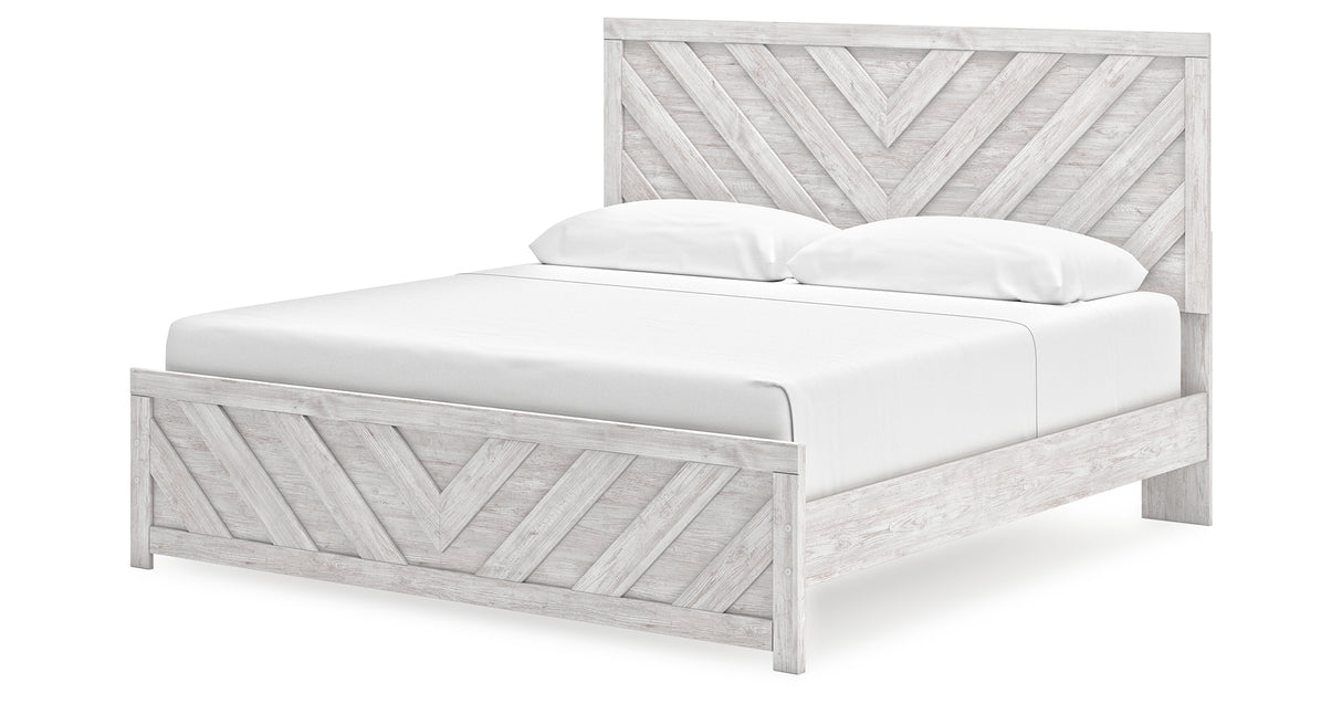 Cayboni King Panel Bed with Mirrored Dresser and Chest in Whitewash from Ashley Furniture - Luna Furniture