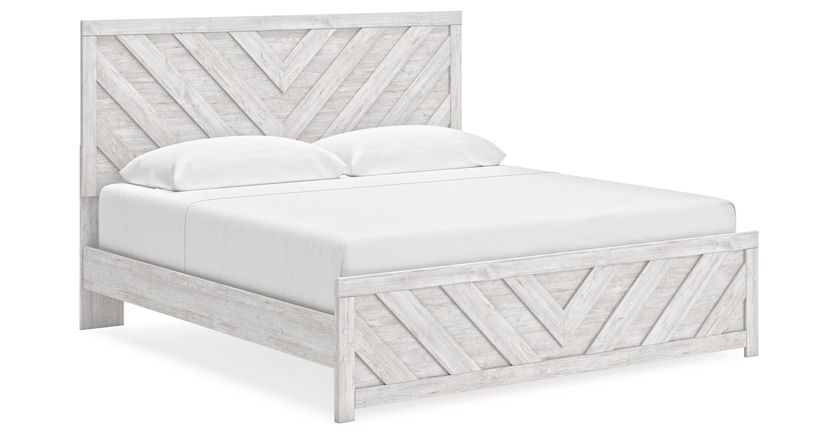 Cayboni King Panel Bed with Mirrored Dresser, Chest and Nightstand in Whitewash from Ashley Furniture - Luna Furniture