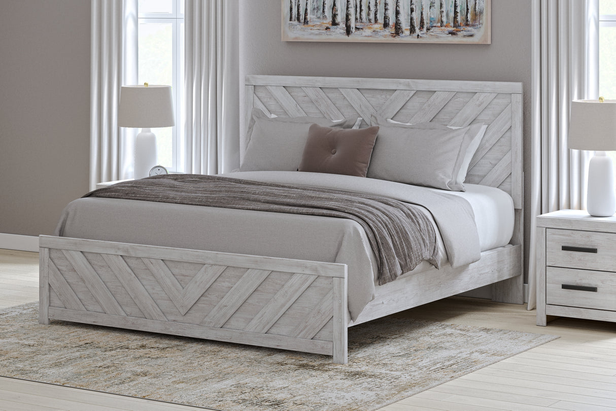 Cayboni King Panel Bed with Mirrored Dresser and Chest in Whitewash from Ashley Furniture - Luna Furniture