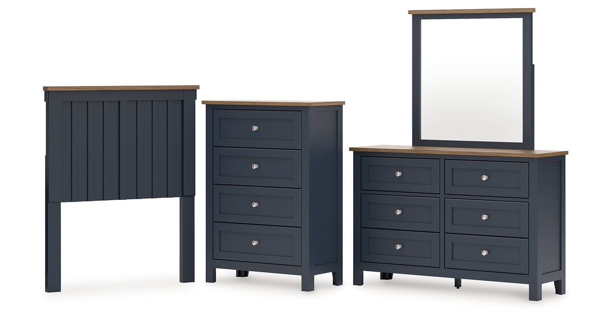 Landocken Twin Panel Headboard with Mirrored Dresser and Chest in Brown/Blue from Ashley - Luna Furniture