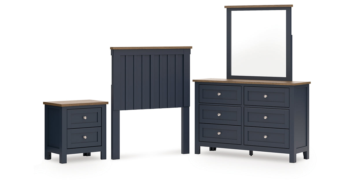 Landocken Twin Panel Headboard with Mirrored Dresser and Nightstand in Brown/Blue from Ashley - Luna Furniture