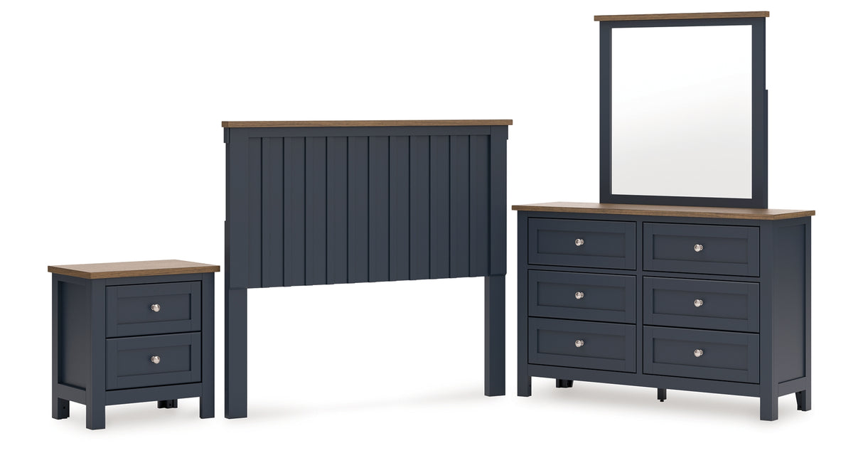 Landocken Full Panel Headboard with Mirrored Dresser and Nightstand in Brown/Blue from Ashley - Luna Furniture