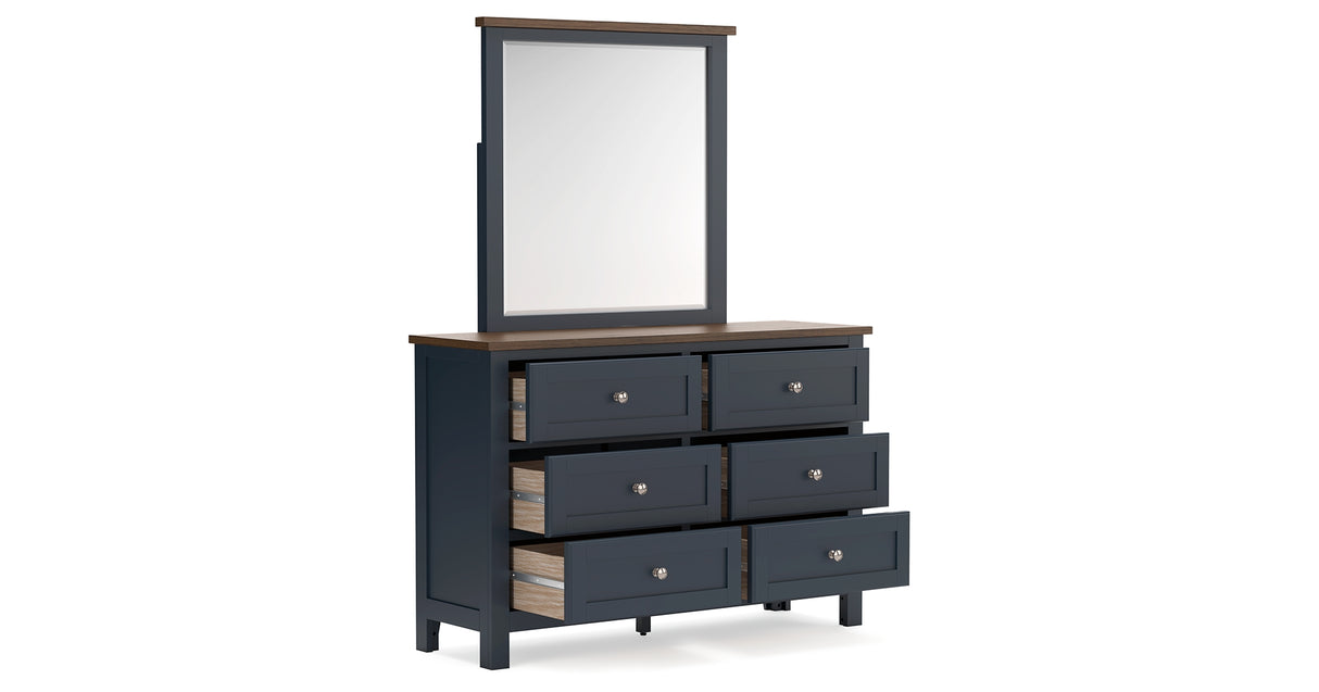 Landocken Queen Panel Bed with Mirrored Dresser, Chest and Nightstand in Brown/Blue from Ashley Furniture - Luna Furniture