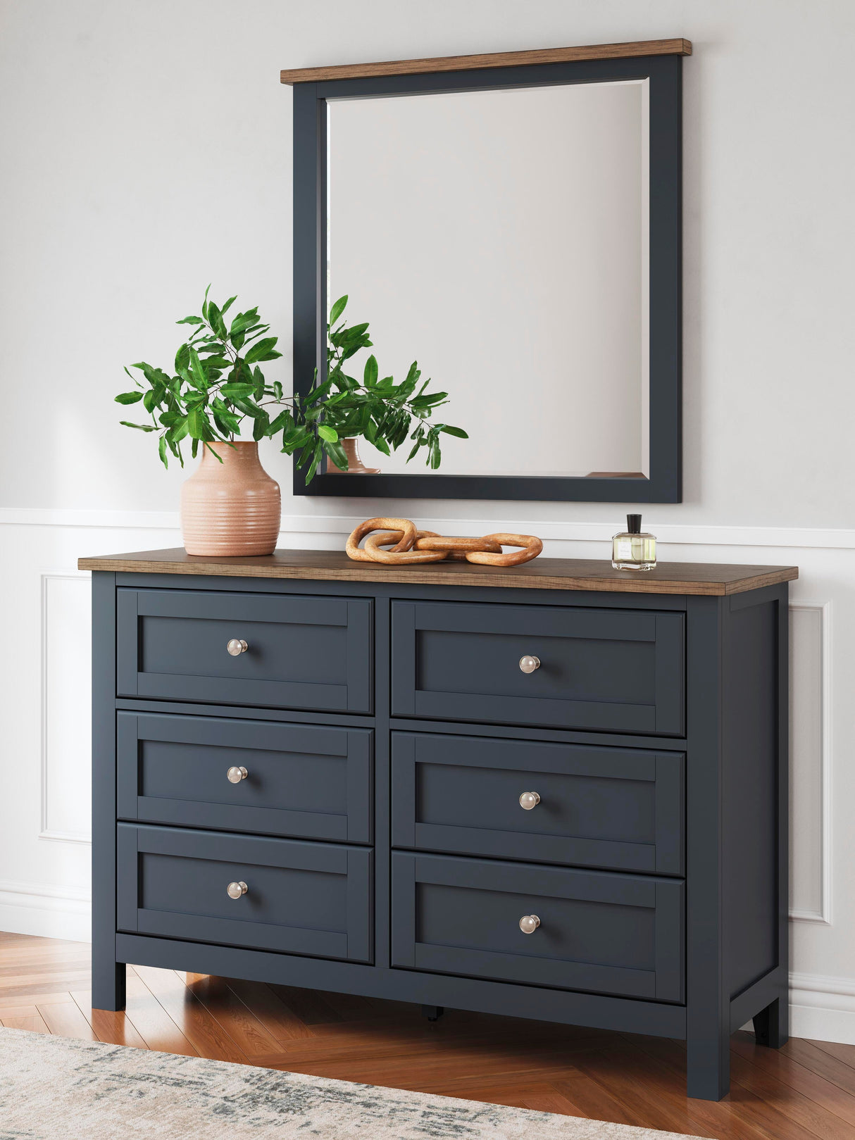 Landocken Brown/Blue Queen Panel Bed, Dresser, Mirror and Nightstand from Ashley Furniture - Luna Furniture