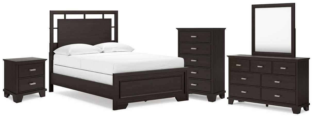 Covetown Full Panel Bed with Mirrored Dresser, Chest and Nightstand in Dark Brown from Ashley Furniture - Luna Furniture