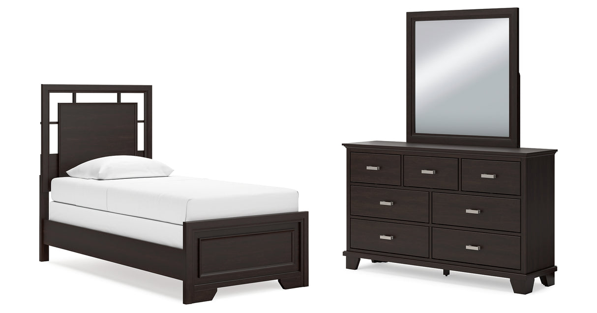 Covetown Twin Panel Bed with Mirrored Dresser in Dark Brown from Ashley Furniture - Luna Furniture
